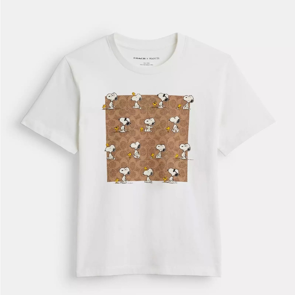 NWT Lady’s size M. Coach Peanuts Snoopy Signature Square T Shirt Chalk Tan CBF06